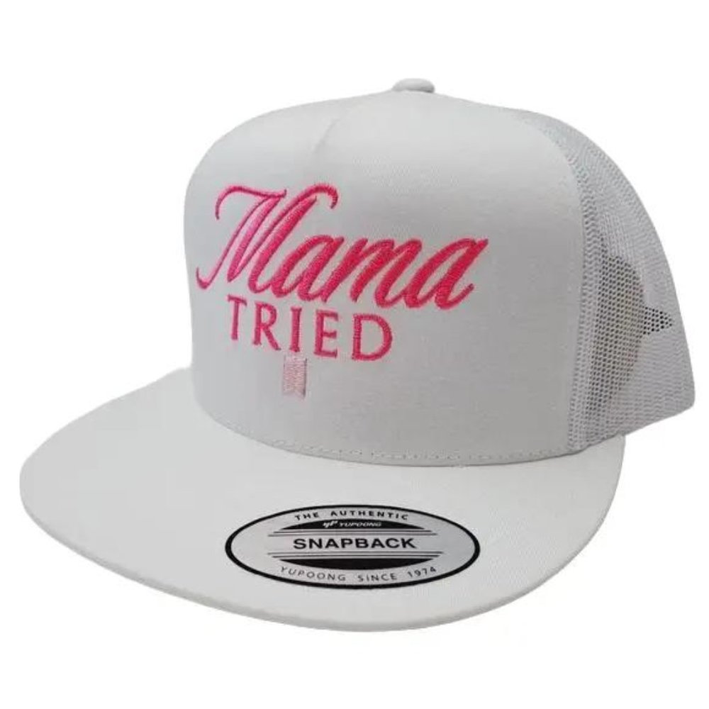 Retro Vintage Style Rebel Hat Mama Tried Trucker Mesh Snapback White Pink Text